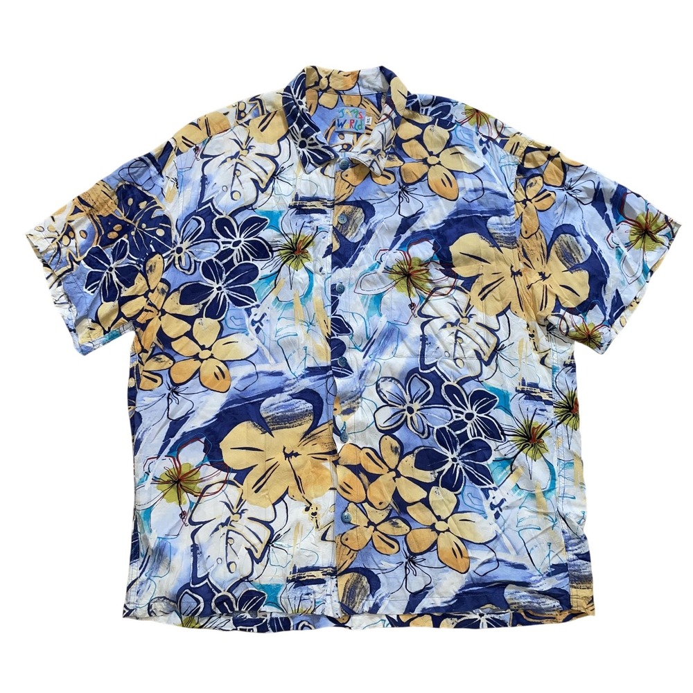 Vtg Jams World Mens XL Parfait Hawaiian Shirt Blue Watercolor Floral USA Rayon